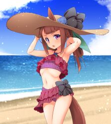 Rule 34 | 1girl, alternate costume, animal ears, arm up, armpits, beach, blurry, blurry background, blush, breasts, collarbone, commentary request, flower, hair flower, hair ornament, hat, highres, horse ears, horse girl, horse tail, kaneda mitsuko, long hair, looking at viewer, open mouth, purple eyes, sand, small breasts, solo, straw hat, sweep tosho (umamusume), swimsuit, tail, umamusume