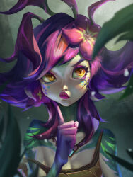 Rule 34 | 1girl, absurdres, bare shoulders, closed mouth, collarbone, colored skin, flower, green background, green skin, hair flower, hair ornament, hand up, highres, index finger raised, league of legends, medium hair, multicolored hair, neeko (league of legends), orange eyes, purple hair, qqquain, red flower, red hair, solo, thinking