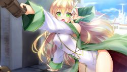 Rule 34 | 1boy, 1girl, blonde hair, blue sky, brown gloves, cape, day, elf, facing viewer, flower, game cg, gloves, green cape, green eyes, hair flower, hair ornament, hetero, holding hands, lapis (x-overd), leaning forward, long hair, long sleeves, official art, open mouth, outdoors, pointy ears, protagonist (x-overd), sky, standing, takeda aranobu, wide sleeves, x-overd