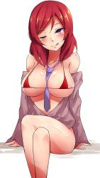 Rule 34 | 10s, 1girl, arm support, bare shoulders, between breasts, bikini, blush, breasts, crossed legs, highres, large breasts, looking at viewer, love live!, love live! school idol project, micro bikini, mistynight, necktie, necktie between breasts, nishikino maki, off shoulder, one eye closed, purple eyes, red bikini, red hair, short hair, simple background, sitting, smile, solo, swimsuit, tongue, tongue out, tsurime, white background, wink