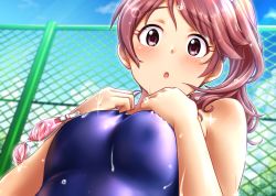 Rule 34 | 1girl, bare shoulders, blue one-piece swimsuit, blue sky, blush, breasts, breasts squeezed together, brown eyes, brown hair, commentary request, competition swimsuit, day, fence, from below, goggles, unworn goggles, highres, idolmaster, idolmaster cinderella girls, kobamiso (kobalt), long hair, looking at viewer, looking down, one-piece swimsuit, open mouth, outdoors, ponytail, shiina noriko, sky, solo, swimsuit, wavy hair, wet
