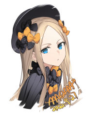 Rule 34 | 1girl, 9 vcat, abigail williams (fate), absurdres, black bow, black dress, black hat, blonde hair, blue eyes, bow, breasts, dated, dress, fate/grand order, fate (series), forehead, hair bow, hat, highres, long hair, long sleeves, looking at viewer, multiple hair bows, orange bow, parted bangs, polka dot, polka dot bow, ribbed dress, small breasts, solo