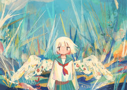 Rule 34 | 1girl, absurdres, angel wings, commentary request, grey sailor collar, grey skirt, highres, long sleeves, looking at viewer, mamei mema, neckerchief, original, outdoors, plant, pleated skirt, red neckerchief, sailor collar, sailor shirt, school uniform, serafuku, shirt, short hair, skirt, solo, spread wings, standing, straight-on, tareme, upper body, white hair, white shirt, white wings, wings