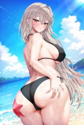 Rule 34 | 1girl, absurdres, ass, back, bare shoulders, beach, bikini, black bikini, blue sky, blush, breasts, cameltoe, cloud, commentary, commission, dadamyu, day, english commentary, from behind, hair ornament, hand on own ass, highres, large breasts, lens flare, light brown hair, long hair, looking at viewer, looking back, ocean, original, outdoors, side-tie bikini bottom, sideboob, sky, smile, solo, starfish, sun, swimsuit, very long hair, wet