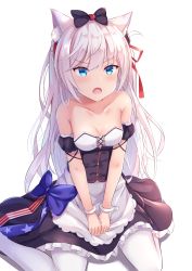 Rule 34 | 1girl, american flag, american flag print, animal ear fluff, animal ears, apron, azur lane, bare shoulders, black bow, blue bow, blue eyes, blush, bow, breasts, cat ears, cleavage, collarbone, commentary, detached sleeves, dress, fang, flag print, frilled apron, frilled dress, frills, hair bow, hair ornament, hair ribbon, hammann (azur lane), highres, long hair, medium breasts, mirufuaa, open mouth, pantyhose, puffy short sleeves, puffy sleeves, red ribbon, retrofit (azur lane), ribbon, short sleeves, silver hair, simple background, sitting, sleeveless, sleeveless dress, solo, star (symbol), star print, striped, v-shaped eyebrows, very long hair, waist apron, wariza, white background, white pantyhose, wrist cuffs