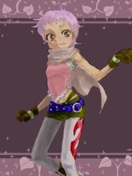 Rule 34 | 1girl, bare shoulders, belt, blush, boots, breasts, brown eyes, cape, frills, gloves, hermana larmo, lowres, pantyhose, pink hair, purple background, short hair, shorts, smile, tales of (series), tales of innocence