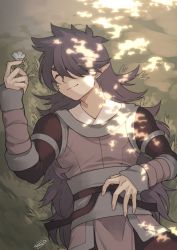 Rule 34 | 1boy, dappled sunlight, closed eyes, fengxi (the legend of luoxiaohei), flower, grass, hair over one eye, hand up, lying, on back, pointy ears, rkp, signature, sleeves past wrists, smile, solo, sunlight, luo xiaohei zhanji, upper body, white flower