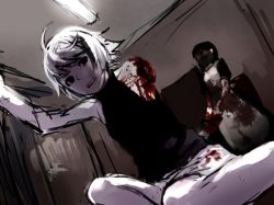 Rule 34 | .flow, 1boy, 1girl, backlighting, blood, blood on arm, blood on clothes, blood on hands, bloody weapon, dark, dress, eyes in shadow, guro, horror (theme), indoors, short hair, shousan (hno3syo), solo focus, standing, tagme, weapon