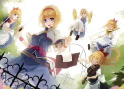 Rule 34 | 1girl, :d, alice margatroid, apron, belt, blonde hair, blue eyes, book, bow, clarinet, cymbals, dutch angle, female focus, flute, flying, goliath doll, hair bow, hairband, holding, hourai doll, instrument, looking at viewer, music, nanahara fuyuki, open book, open mouth, playing instrument, ponytail, shanghai doll, short hair, smile, solo, thighhighs, touhou, trombone, trumpet, violin, waist apron, white thighhighs