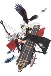 Rule 34 | a6m zero, aircraft, airplane, animal, azur lane, bare shoulders, belt, bird, black coat, black thighhighs, boots, bow (weapon), breasts, coat, detached sleeves, eagle, enterprise (azur lane), full body, hat, highres, holding, holding bow (weapon), holding weapon, knee boots, large breasts, long hair, military, military vehicle, miniskirt, necktie, official art, pleated skirt, purple eyes, shirt, silver hair, simple background, skirt, sleeveless, sleeveless shirt, solo, thighhighs, transparent background, very long hair, weapon, wings, zettai ryouiki