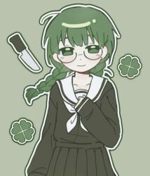 Rule 34 | 1girl, black serafuku, black shirt, black skirt, braid, cai (cabbage 0j0), clover, clover knight (vocaloid), collarbone, commentary, cowboy shot, floating hair, four-leaf clover, glasses, green background, green eyes, green hair, half-closed eyes, hand on own chest, highres, knife, light blush, long hair, long sleeves, looking at viewer, low twin braids, neckerchief, outline, sailor collar, school uniform, serafuku, shirt, simple background, skirt, sleeves past wrists, smile, solo, straight-on, symbol-only commentary, twin braids, vocaloid, white neckerchief, white outline, white sailor collar