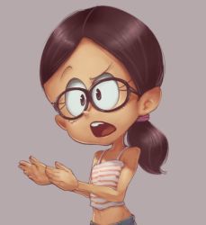 Rule 34 | 1girl, child, conoghi, eyebrows, eyelashes, freckles, glasses, nickelodeon, open mouth, ponytail, raised eyebrow, ronnie anne santiago, shadow, simple background, solo, strap, the casagrandes, the loud house, tongue, upper body