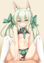 Rule 34 | 1girl, animal ears, art556 (girls&#039; frontline), blush, brazil, breasts, censored, commentary request, cowgirl position, emm0514, girl on top, girls&#039; frontline, green eyes, green hair, hair ribbon, highres, long hair, navel, penis, petite, ribbon, sex, simple background, small breasts, solo focus, spread legs, straddling, thighhighs, tongue, tongue out, white background