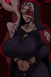 Rule 34 | 1girl, absurdres, alecto 0, beads, blonde hair, breasts, cowboy shot, double (skullgirls), eldritch abomination, habit, highres, large breasts, monster girl, nipples, nun, own hands together, parted lips, prayer beads, red background, red eyes, rosary, skullgirls, smile, solo, tongue, tongue out, wide hips