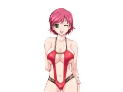 Rule 34 | 00s, 1girl, bare shoulders, breasts, game cg, green eyes, happoubi jin, iihara nao, large breasts, legs, looking at viewer, navel, one eye closed, open mouth, pink hair, resort boin, short hair, simple background, smile, solo, standing, swimsuit, thighs, white background, wink