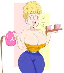 Rule 34 | +++, 1girl, ^ ^, belt, breasts, brown hair, cleavage, closed eyes, coffee pot, cowboy shot, crop top, curvy, dragon ball, dragonball z, earrings, eyebrows, green belt, happy, highres, jewelry, jinu (jinusenpai), lips, mature female, open mouth, panchy, pants, revealing clothes, shirt, short hair, simple background, solo, standing, strapless, strapless shirt, teeth, tray