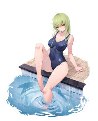 Rule 34 | 1girl, aoba aratame ni, bare arms, barefoot, breasts, c.c., code geass, commentary request, competition swimsuit, covered navel, full body, green hair, highres, legs, long hair, looking at viewer, medium breasts, one-piece swimsuit, poolside, school swimsuit, sitting, soaking feet, solo, swimsuit, yellow eyes