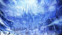 Rule 34 | 1boy, aman, cliff, cloud, cloudy sky, concept art, day, facing away, fantasy, from behind, gate, holding, holding sword, holding weapon, moonworker, mountain, official art, outdoors, scaffolding, scenery, sky, snow, sword, tera online, watchtower, weapon, wind