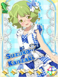 1girl :d akb0048 blue_bow blue_dress blush bow card_(medium) character_name cowboy_shot dress dutch_angle gingham_background gingham_bow gingham_dress glasses green_eyes green_hair hair_bow heart idol_clothes jacket kanzaki_suzuko non-circular_lens_flare non-web_source official_art open_clothes open_jacket open_mouth round_eyewear short_hair sleeveless sleeveless_jacket smile solo sparkle standing star_(symbol)