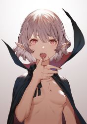 Rule 34 | 1girl, blood, blood on arm, blood on hands, breasts, cape, fangs, hair between eyes, highres, mogumo, naked cape, original, pointy ears, red eyes, short hair, small breasts, solo, upper body, vampire, white hair