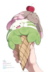Rule 34 | 1other, :d, :i, cherry, closed mouth, digimon, digimon (creature), floppy ears, food, fruit, highres, holding, horns, ice cream cone, lopmon, multiple horns, open mouth, simple background, single horn, smile, terriermon, twitter username, white background, youzaiyouzai112