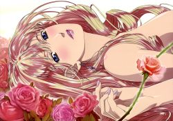 Rule 34 | 1girl, absurdres, blonde hair, blue eyes, earrings, flower, highres, jewelry, lips, lipstick, long hair, looking at viewer, lying, macross, macross frontier, makeup, marufuji hirotaka, nail polish, official art, on back, parted lips, red rose, rose, scan, sheryl nome, single earring, solo