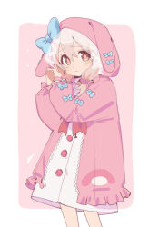 Rule 34 | 1girl, a20 (atsumaru), absurdres, animal ears, blue bow, bow, brown hair, buttons, capelet, cosplay, expressionless, frilled capelet, frilled hood, frills, genderswap, genderswap (mtf), hair between eyes, hands in hair, highres, hood, hooded jacket, jacket, my melody, my melody (cosplay), onegai my melody, onii-chan wa oshimai!, oyama mahiro, pink background, pink hood, pink jacket, pink theme, rabbit ears, sanrio, solo, twintails