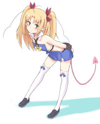 Rule 34 | 1girl, astarotte ygvar, bent over, blonde hair, blush, bow, demon tail, detached collar, green eyes, hair bow, leaning forward, long hair, lotte no omocha!, purea, smile, solo, tail, thighhighs