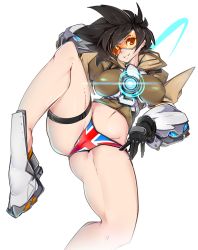 Rule 34 | 1girl, bad id, bad tumblr id, breasts, brown hair, covered erect nipples, flag print, gloves, goggles, grin, highres, jacket, large breasts, looking at viewer, midriff, navel, no pants, overwatch, overwatch 1, panties, print panties, puffy nipples, short hair, slugbox, smile, solo, spread legs, thigh strap, tracer (overwatch), underwear, union jack