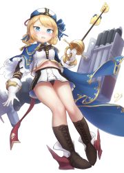 Rule 34 | 1girl, absurdres, azur lane, bird, black panties, blonde hair, blue eyes, boots, cape, chick, eicam, epaulettes, full body, gloves, hardy (azur lane), hat, highres, holding, holding weapon, looking at viewer, midriff, military, military uniform, open mouth, panties, rapier, ribbon, simple background, solo, sword, thighs, torpedo tubes, underwear, uniform, weapon, white background