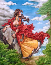 Rule 34 | 1girl, absurdres, ancient greek clothes, barefoot, blue sky, blush, breasts, breasts apart, cloud, cloudy sky, cruz444, day, dress, earrings, full body, greco-roman clothes, highres, history, hoop earrings, jewelry, long hair, medium breasts, minoan clothes, multi-tied hair, nipples, open clothes, original, profile, signature, sky, solo, standing, traditional clothes, traditional media, tree