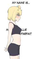 Rule 34 | 1girl, absurdres, ahoge, arm behind back, bare arms, bare shoulders, bike shorts, black sports bra, blonde hair, blush, bob cut, breasts, cipher4109, english text, from side, green eyes, groin outline, highres, midriff, millie parfait, nijisanji, nijisanji en, pout, profile, short hair, simple background, small breasts, solo, sports bra, virtual youtuber, white background