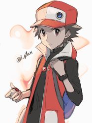 Rule 34 | 1boy, backpack, badge, bag, black shirt, blue bag, bracelet, brown eyes, brown hair, closed mouth, coat, commentary, creatures (company), game freak, hand up, highres, holding, holding poke ball, i g1ax, jewelry, male focus, nintendo, poke ball, poke ball (basic), pokemon, pokemon masters ex, red (pokemon), red (sygna suit) (pokemon), red coat, shirt, short hair, sleeveless, sleeveless coat, solo, spiked hair, twitter username