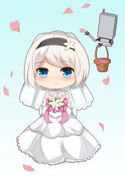 Rule 34 | 1girl, absurdres, arlene (ju), basket, black hairband, blue background, blue eyes, blush, bouquet, bridal veil, closed mouth, detached sleeves, dress, flower, flower basket, gradient background, hair flower, hair ornament, hairband, highres, holding, holding bouquet, long sleeves, looking at viewer, mole, mole under mouth, nier:automata, nier (series), petals, pod (nier:automata), silver hair, smile, solo, standing, strapless, strapless dress, veil, wedding dress, white background, white dress, white flower, 2b (nier:automata)