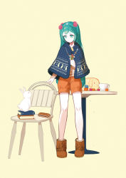 Rule 34 | 1girl, asgr, book, boots, chair, cup, flower, full body, green eyes, green hair, harmonica, hatsune miku, highres, instrument, long hair, matching hair/eyes, rabbit, shorts, simple background, solo, table, teacup, vocaloid, yellow background
