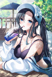 Rule 34 | 1girl, absurdres, black hair, black sports bra, blue eyes, blush, breasts, building, cleavage, commentary, commentary request, cup, dappled sunlight, day, disposable cup, drink, gongha, hat, highres, ice, jacket, large breasts, leaf, lens flare, long hair, open mouth, original, outdoors, parted bangs, ponytail, railing, sidelocks, sitting, solo, sports bra, sunlight, table, tree, visor cap, white hat, white jacket