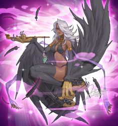 Rule 34 | 1girl, animal feet, animal hands, armlet, artist name, bag, bare shoulders, black feathers, black thighhighs, black wings, breasts, choker, claws, dark-skinned female, dark skin, feathered wings, feathers, hair over one eye, holding, holding smoking pipe, jin (sirius-j), long hair, medium breasts, midriff, mole, mole under mouth, original, parody, parted lips, pink background, red eyes, signature, smoke, smoking pipe, solo, stirrup legwear, style parody, talons, thighhighs, toeless legwear, white hair, winged arms, wings, yu-gi-oh!