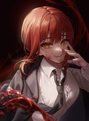 Rule 34 | 1girl, 1yu x, absurdres, bad id, bad pixiv id, black background, black jacket, black necktie, blood, blood on face, braid, braided ponytail, breasts, chainsaw man, collared shirt, commentary, evil grin, evil smile, formal, grin, hand on own face, highres, jacket, long hair, long sleeves, looking at viewer, loose necktie, makima (chainsaw man), medium breasts, necktie, open clothes, open jacket, open mouth, red hair, ringed eyes, shirt, sidelocks, simple background, smile, solo, suit, upper body, white shirt, yellow eyes