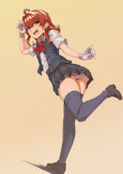 Rule 34 | 1girl, absurdres, ahoge, arashi (kancolle), ascot, black vest, blush, gloves, grey thighhighs, highres, kantai collection, kerchief, long hair, looking at viewer, messy hair, neck ribbon, open mouth, panties, pleated skirt, red ascot, red hair, ribbon, school uniform, shirt, short hair, skirt, smile, solo, thighhighs, underwear, uni (uni-strain), vest, white gloves, white panties, white shirt, yellow background