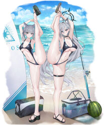 Rule 34 | 2girls, adapted costume, animal ear fluff, animal ears, ass, bag, beach, black choker, black one-piece swimsuit, blue archive, blue eyes, blue halo, breasts, choker, cleft of venus, collarbone, cross hair ornament, dark halo, earrings, extra ears, food, fruit, full body, grey hair, hair ornament, halo, highres, jewelry, large breasts, lichiko, long hair, looking at viewer, medium breasts, medium hair, mismatched pupils, multiple girls, navel, ocean, one-piece swimsuit, partially visible vulva, pussy, sandals, shiroko (blue archive), shiroko (swimsuit) (blue archive), shiroko terror (blue archive), split, standing, standing on one leg, standing split, swimsuit, thigh strap, watermelon, wolf ears