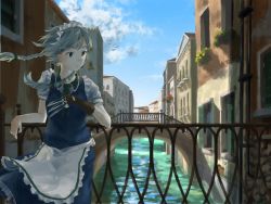 Rule 34 | 1girl, aamond, against railing, apron, arm rest, bad id, bad pixiv id, balcony, between fingers, bird, blue eyes, blue skirt, blue sky, blue vest, braid, bridge, building, canal, cloud, cowboy shot, day, fingerless gloves, gloves, hair blowing, hair ribbon, handrail, highres, holding, izayoi sakuya, knife, against railing, looking to the side, maid headdress, outdoors, planter, puffy short sleeves, puffy sleeves, railing, ribbon, short hair, short sleeves, silver hair, single glove, skirt, sky, solo, touhou, tress ribbon, twin braids, venice, vest, waist apron, wind