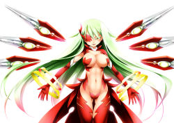 Rule 34 | 1girl, breasts, cleavage, colored eyelashes, cowboy shot, ear piercing, earrings, elbow gloves, gloves, green hair, groin, highres, jewelry, kore (korewa13th), large breasts, long hair, navel, one eye covered, open mouth, original, piercing, single earring, smile, solo, stomach, yellow eyes