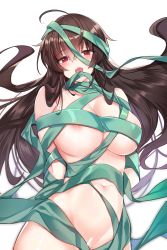 Rule 34 | 1girl, ahoge, areola slip, black hair, blush, breasts, commentary request, green ribbon, groin, highres, iris yuma, korean commentary, long hair, looking at viewer, lying, maett, medium breasts, navel, nude, on back, open mouth, red eyes, ribbon, solo, soulworker, wrapped up