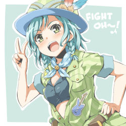 Rule 34 | 1girl, :d, aqua background, aqua neckerchief, bang dream!, belt, black shirt, blue feathers, blush, bow, braid, breast pocket, brown belt, bucket hat, crop top, english text, feathers, green eyes, green jacket, hair bow, hand on own hip, hat, hat feather, hikawa hina, jacket, neckerchief, open clothes, open mouth, open shirt, patch, pocket, red feathers, riai (onsen), safari jacket, shirt, short hair, short sleeves, side braids, sidelocks, slit pupils, smile, solo, striped clothes, striped jacket, v, vertical-striped clothes, vertical-striped jacket, yellow bow