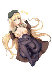 Rule 34 | 1girl, absurdres, ass, bad id, bad pixiv id, beret, black pantyhose, blonde hair, blue skirt, blush, breasts, brown shirt, cameltoe, collared shirt, eyes visible through hair, feet, full body, girls&#039; frontline, greem bang, green eyes, green hat, green necktie, groin, hair between eyes, hair ornament, hair over breasts, hairband, hands up, hat, highres, large breasts, legs up, long hair, looking at viewer, lying, m1 garand (girls&#039; frontline), necktie, no bra, on back, open clothes, panties, pantyhose, pleated skirt, purple panties, ribs, shiny skin, shirt, sidelocks, simple background, skirt, smile, solo, thighs, underwear, very long hair, white background, wing collar