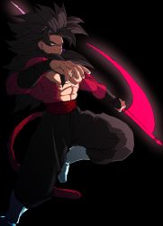 Rule 34 | abs, absurdres, alternate hair length, alternate hairstyle, arm wrap, baggy pants, bare pectorals, black background, black hair, black pants, blue footwear, body fur, boots, closed mouth, commentary, dragon ball, dragon ball gt, earrings, english commentary, foot out of frame, glowing, glowing weapon, goku black, highres, holding, holding scythe, holding weapon, jewelry, leg up, long hair, monkey tail, muscular, muscular male, pants, pectorals, potara earrings, red sash, sash, scythe, simple background, single earring, smirk, solo, super saiyan, super saiyan 4, tail, weapon, yellow eyes, zequung