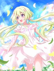 Rule 34 | 1girl, :d, aikatsu! (series), aikatsu stars!, blonde hair, blue sky, blush, clothes lift, commentary, cowboy shot, day, dress, dress lift, flower, futaba aria, gloves, grass, hair between eyes, hair flower, hair ornament, highres, leaf, lens flare, lens flare abuse, long hair, looking away, looking to the side, low twintails, open mouth, outdoors, purple eyes, sekina, short sleeves, sky, smile, solo, standing, twintails, very long hair, white dress, white gloves