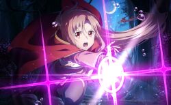 Rule 34 | 1girl, asuna (sao), black gloves, black skirt, cape, fingerless gloves, floating hair, forest, gloves, grey thighhighs, holding, holding sword, holding weapon, light brown hair, long hair, long sleeves, looking at viewer, miniskirt, nature, night, open mouth, pink sleeves, pleated skirt, red cape, red eyes, running, skirt, solo, sword, sword art online, thighhighs, tree, very long hair, weapon, zettai ryouiki
