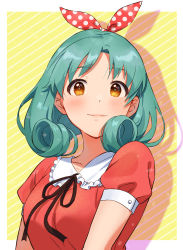 Rule 34 | 1girl, absurdres, aqua hair, black ribbon, blush, border, bow, breasts, brown eyes, closed mouth, collared shirt, commentary, curly hair, diagonal stripes, emu (emum), frilled shirt collar, frills, hair bow, highres, idolmaster, idolmaster million live!, light smile, looking at viewer, medium breasts, medium hair, neck ribbon, outside border, polka dot, polka dot bow, puffy short sleeves, puffy sleeves, red bow, red shirt, ribbon, shirt, short sleeves, silhouette, solo, striped, striped background, symbol-only commentary, tokugawa matsuri, upper body, white border, yellow background