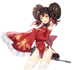 Rule 34 | 1girl, :d, assault rifle, bare shoulders, black panties, black ribbon, bow, breasts, brown hair, bullpup, china dress, chinese clothes, covered navel, detached sleeves, double bun, dress, frilled sleeves, frills, girls&#039; frontline, gun, hair bun, hair ribbon, long hair, long sleeves, looking at viewer, m2 (guvn5745), official alternate costume, open mouth, panties, qbz-97, red dress, red ribbon, ribbon, rifle, short dress, side-tie panties, side slit, simple background, sleeves past fingers, sleeves past wrists, small breasts, smile, solo, thighhighs, type 97 (girls&#039; frontline), type 97 (peony) (girls&#039; frontline), underwear, weapon, white background, white bow, white thighhighs, wide sleeves, yellow eyes